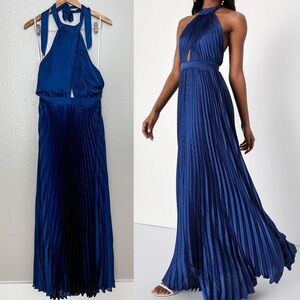 NWOT Midnight Moves Navy Blue Pleated Satin Cutout Halter Maxi Dress